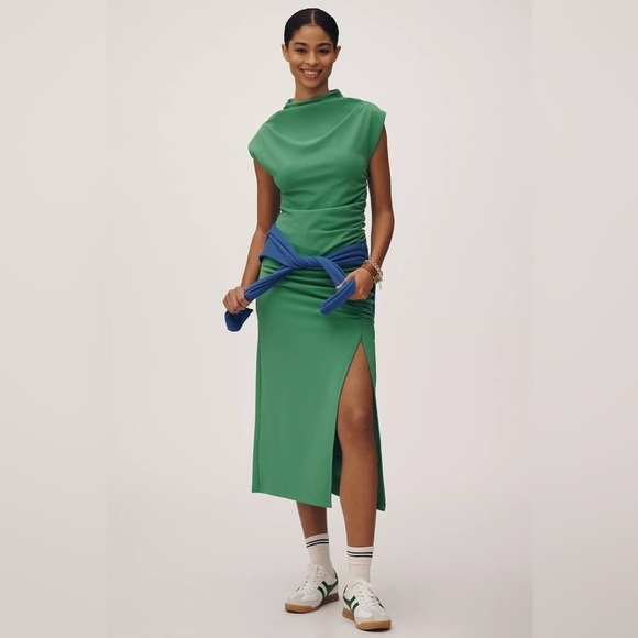 NWT! The Maya Ruched Green Cowl-Neck Dress By Anthropologie - Multiple 🧳 - Picture 3 of 8